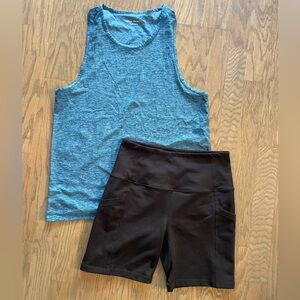 Outdoor voices teal tank top and Zella black workout spandex shorts size S M EUC